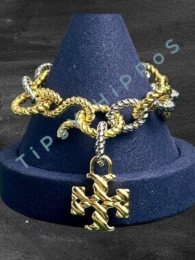 Tory Burch Gold & Silver Twist Rope Chain Bracelet With Logo Pendant In Gift Pou